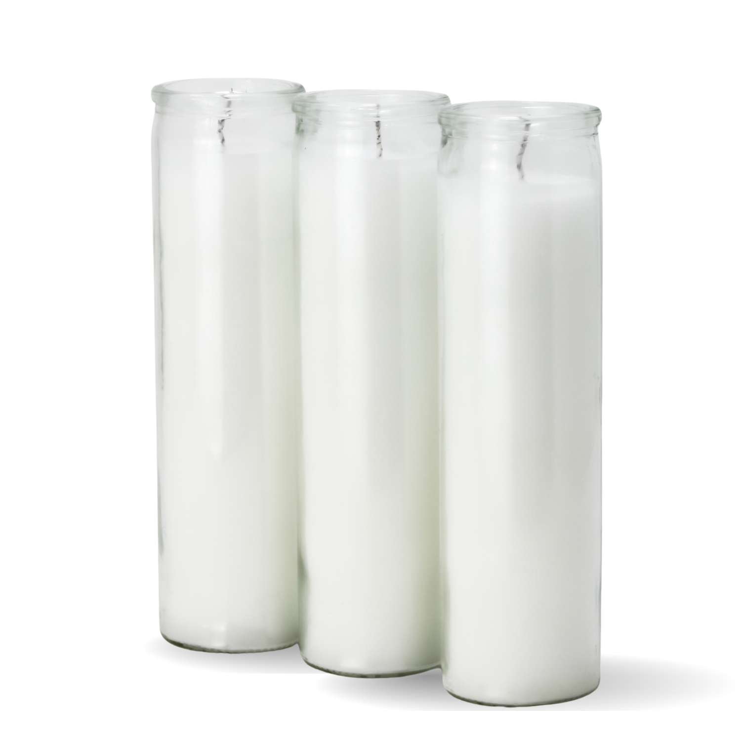 Three white devotional candles for prayer and memorial use